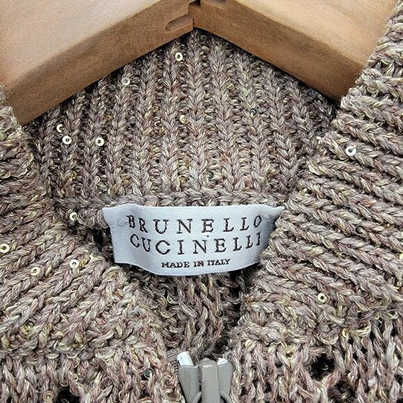 Brunello Cuccinelli Pailette Crochet Lace Bomber Cardigan in Tobacco Tan Large - Picture 10 of 12